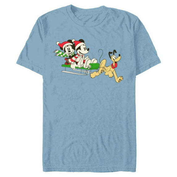 Disney Vintage Mickey Minnie Pluto Holiday Sleigh - Short Sleeve Blended T-Shirt for Adults - Customized-Ocean Blue