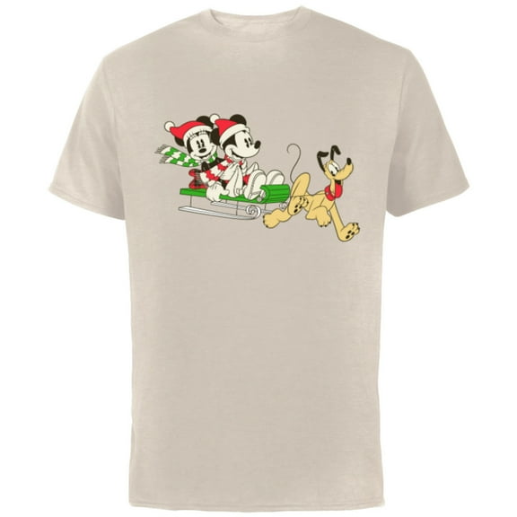 Disney Vintage Mickey Minnie Pluto Holiday Sleigh - Short Sleeve Cotton T-Shirt for Adults - Customized-Natural