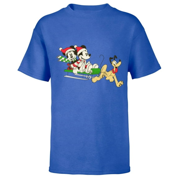 Disney Vintage Mickey Minnie Pluto Holiday Sleigh - Short Sleeve T-Shirt for Kids - Customized-Royal