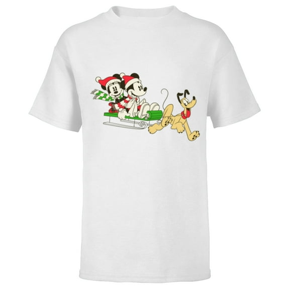 Disney Vintage Mickey Minnie Pluto Holiday Sleigh - Short Sleeve T-Shirt for Kids - Customized-White