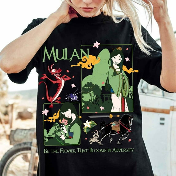 Disney Vintage Mulan Princess Be The Flower That Blooms In Adversity T-Shirt, Disney Sketch Art Y2K Tee, Disneyland Girl Matching Trip Shirts,Black Color,Size 2XL