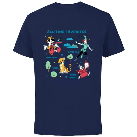 Disney Vintage Peter Pan, Pinocchio, Simba & White Rabbit - Short Sleeve Cotton T-Shirt for Adults - Customized-Navy