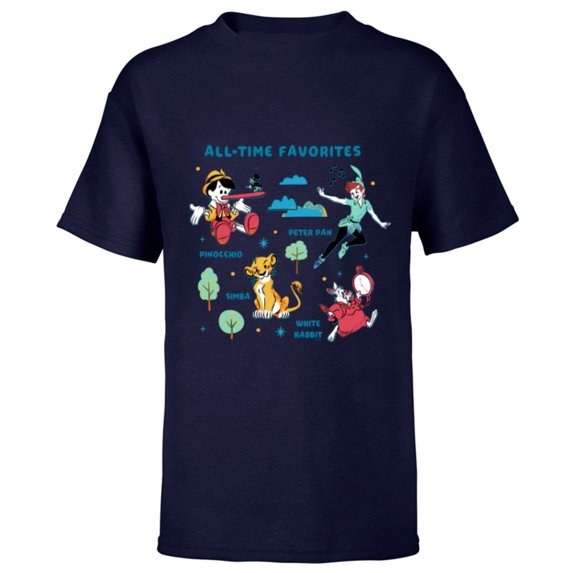 Disney Vintage Peter Pan, Pinocchio, Simba & White Rabbit - Short Sleeve T-Shirt for Kids - Customized-Navy