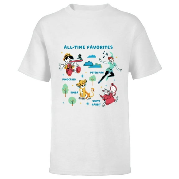 Disney Vintage Peter Pan, Pinocchio, Simba & White Rabbit - Short Sleeve T-Shirt for Kids - Customized-White