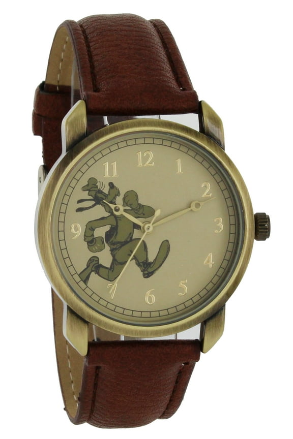Vintage Style Goofy Gold Tone Case Brown Strap Gold Hands Quartz Watch GY5002.