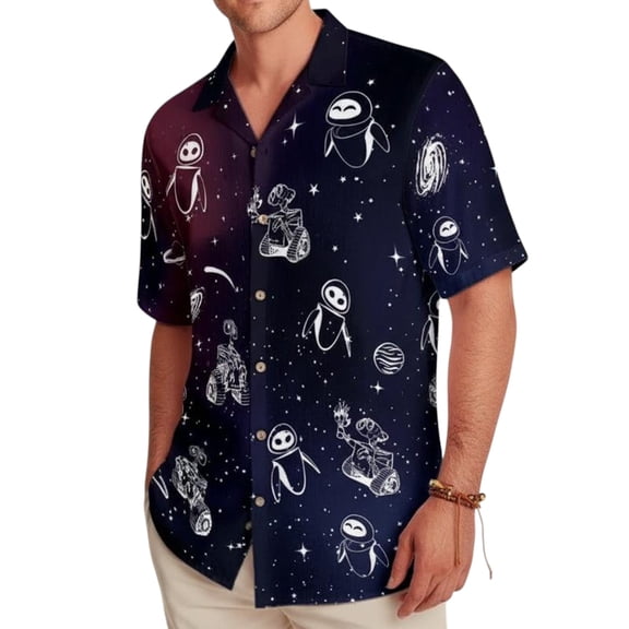 Disney Wall-e And Eve In Space Hawaiian T-shirt, Disney Galaxy Couple Hawaiian Tee, Pixar Wall-e Print Button Tee, Summer Beach Trip Tee