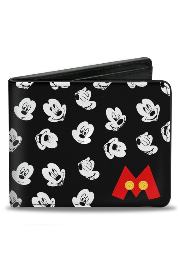 Disney Wallet, Bifold, Mickey Mouse Expressions Button Logo Black White Red Yellow, Vegan Leather