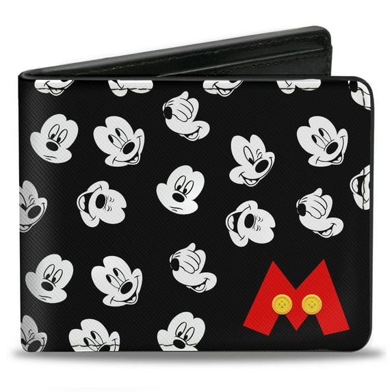 Disney Wallet, Bifold, Mickey Mouse Expressions Button Logo Black White Red Yellow, Vegan Leather