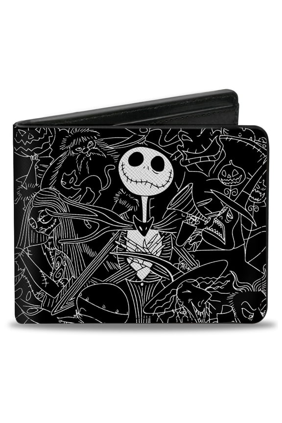 Disney Wallet, Bifold, The Nightmare Before Christmas Character Doodles Black White, Vegan Leather