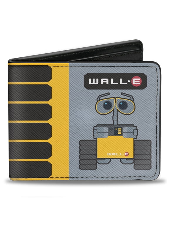 Disney Wallet, Bifold, Wall E Pose Tread Solar Charge Level Icon Gray Yellow Black, Vegan Leather