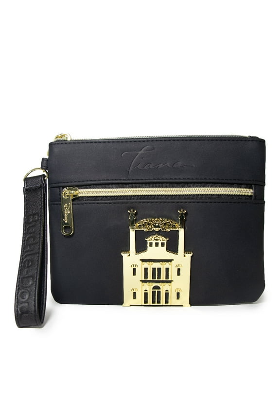 Disney Wallet, Double Pocket Wristlet, Tiana Script Debossed, Castle Emblem Rose Gold, Black, Vegan Leather