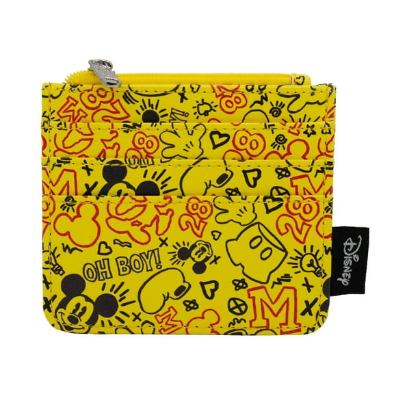 Disney Wallet, ID Zip Top, Mickey Mouse Icon Doodles Collage, Yellow, Vegan Leather