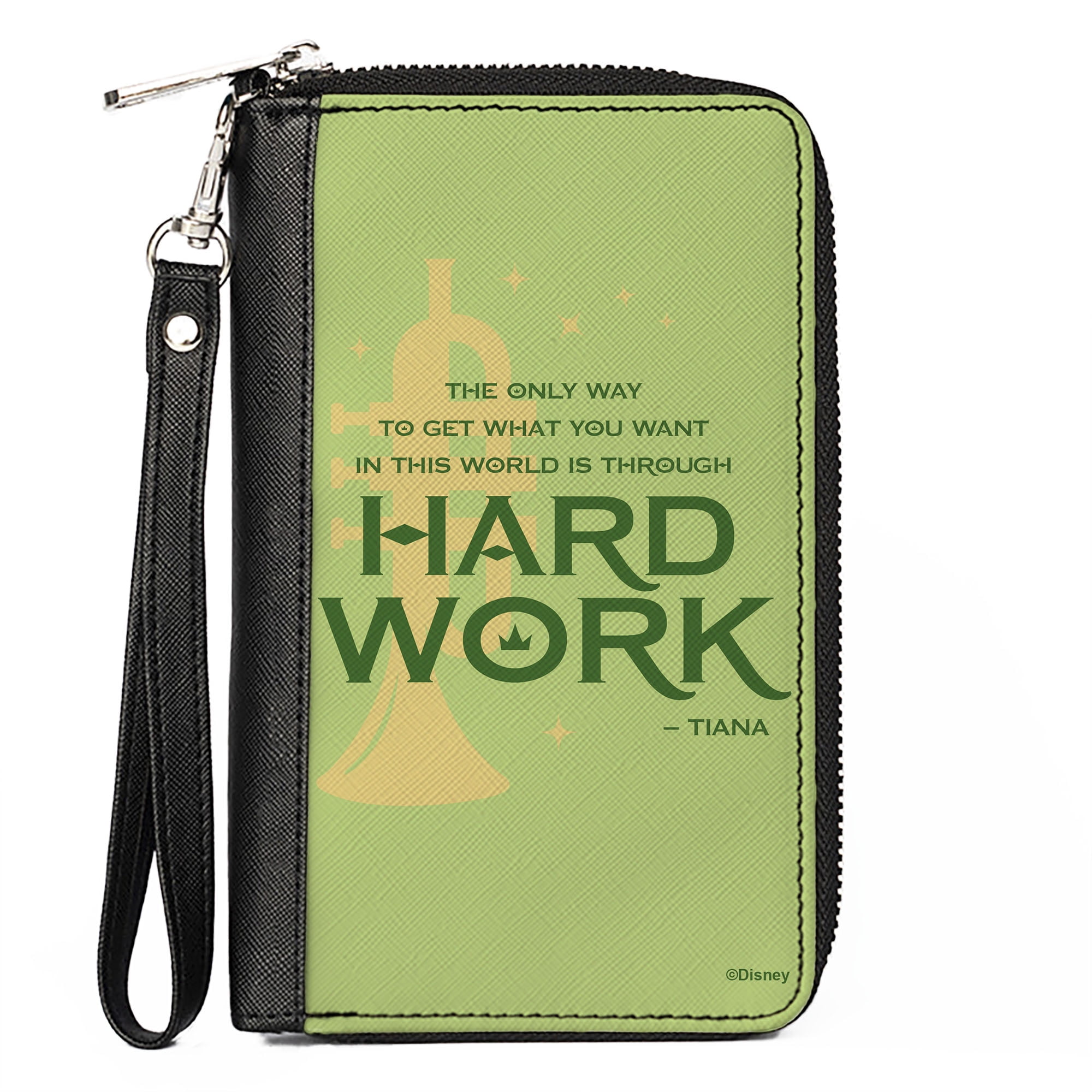 BUCKLE-DOWN Disney Wallet, Zip Around, The Princess and the Frog Tianas Hard Work Quote Greens, Vegan Leather