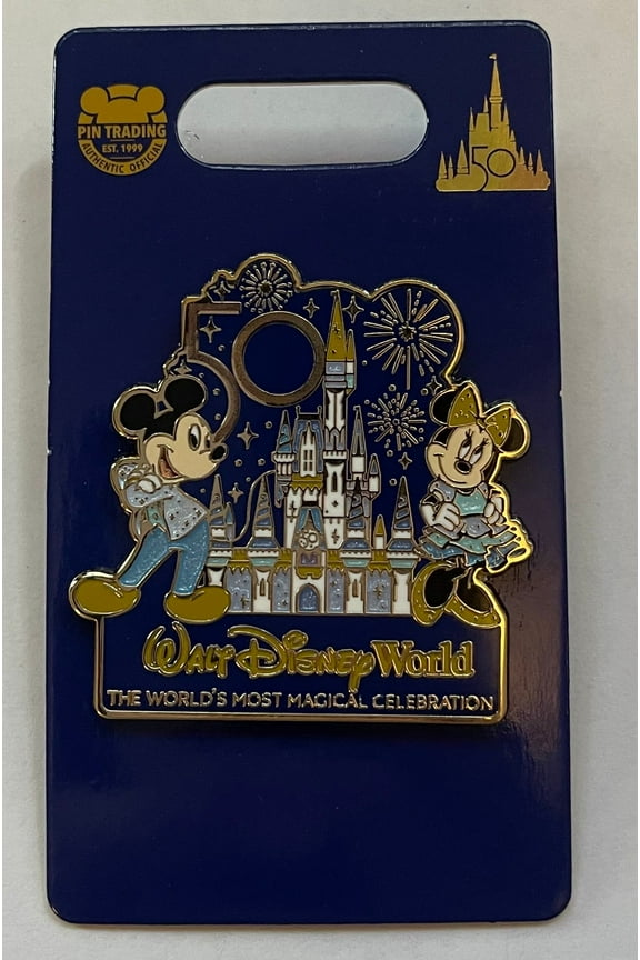 Disney Walt Disney World 50th Anniversary Mickey Minnie Castle Pin New with Card