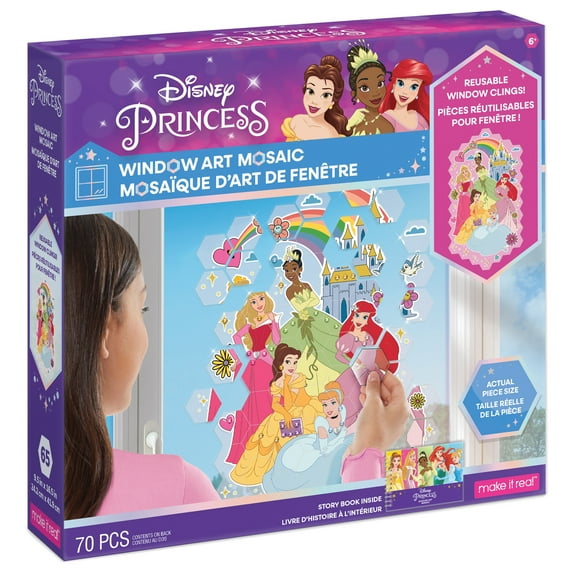 Disney: Window Art Mosaic - Disney Princess - 70 pcs, Reusable Puzzle Window Clings, Creates a 9.5 x 16.5" Image, Make It Real, Kids Ages 6+