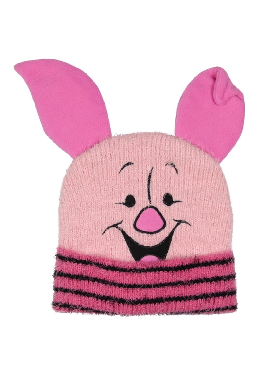 Disney Winnie The Pooh Beanie Piglet Embroidered Face and 3D Felt Ears Adult Fuzzy Yarn Cuffed Beanie Hat