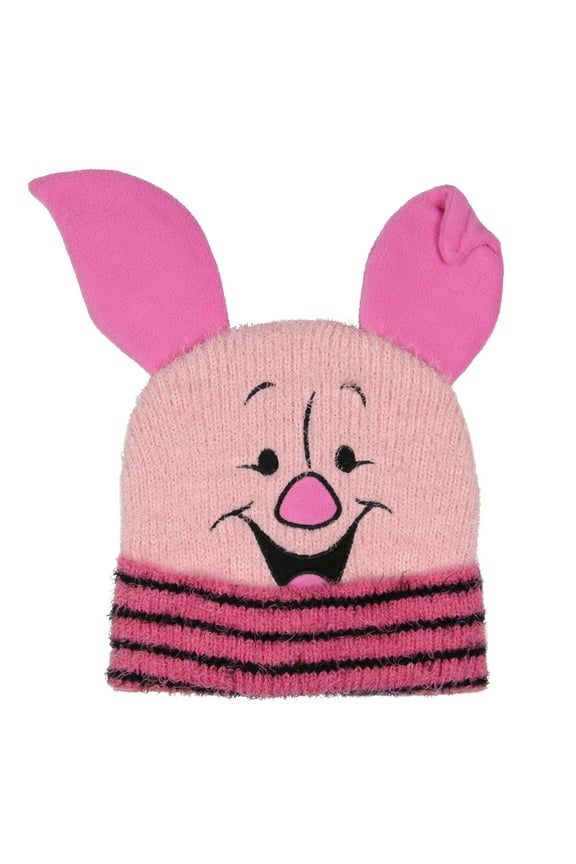 Disney Winnie The Pooh Beanie Piglet Embroidered Face and 3D Felt Ears Adult Fuzzy Yarn Cuffed Beanie Hat