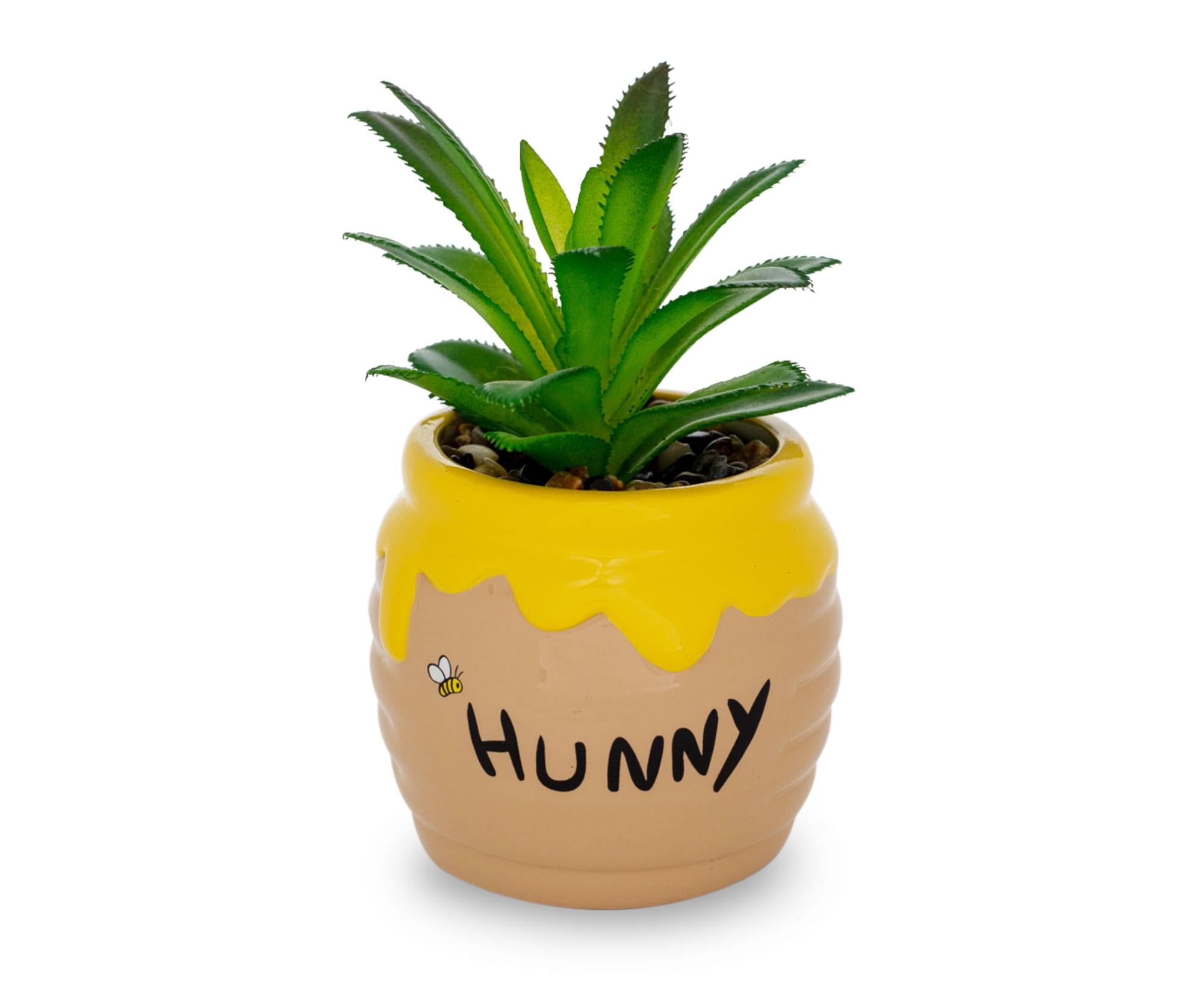 Yellow and Beige Ceramic Hunny Pot with Artificial Succulent