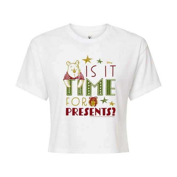 Disney Winnie The Pooh - Is It Time For Presents? Christmas- Juniors Cropped Cotton Blend T-Shirt
