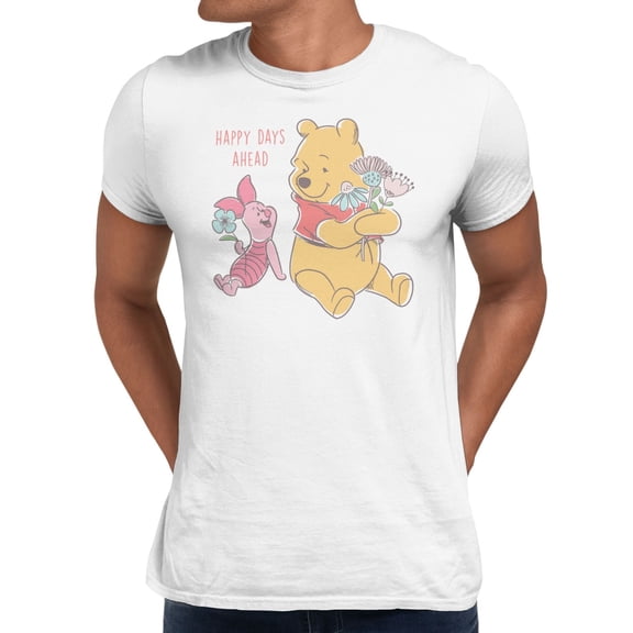 Disney Winnie The Pooh Men's Happy Days Ahead With Piglet Flowers T-Shirt (Bright White, S-XXXL)