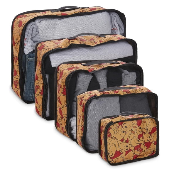 Disney Winnie The Pooh Packing Cubes, 5 Piece Organizer Set Travel Essentials for Kids and Adult Gold