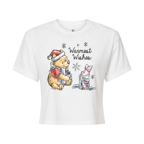 Disney Winnie The Pooh - Pooh & Piglet Warmest Wishes Christmas - Juniors Cropped Cotton Blend T-Shirt