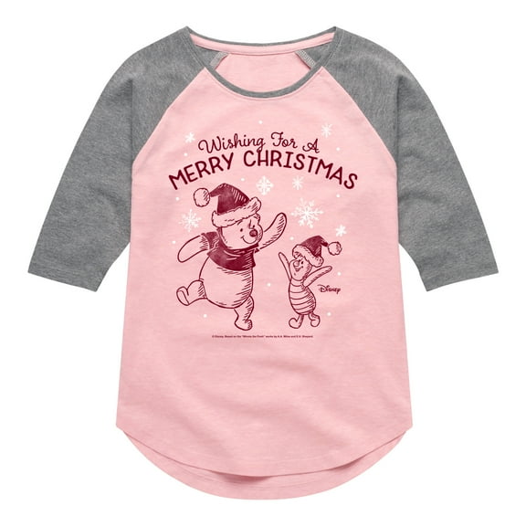 Disney Winnie The Pooh - Pooh & Piglet Wishing for a Merry Christmas - Toddler & Youth Girls Raglan Graphic T-Shirt