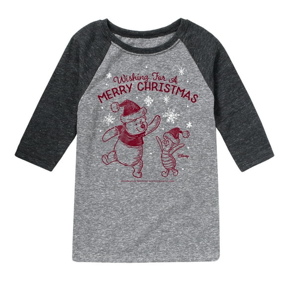 Disney Winnie The Pooh - Pooh & Piglet Wishing for a Merry Christmas - Toddler & Youth Raglan Graphic T-Shirt