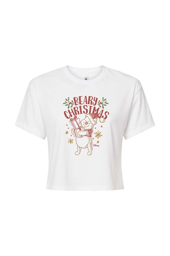Disney Winnie The Pooh - Pooh Wishes A Beary Christmas - Juniors Cropped Cotton Blend T-Shirt