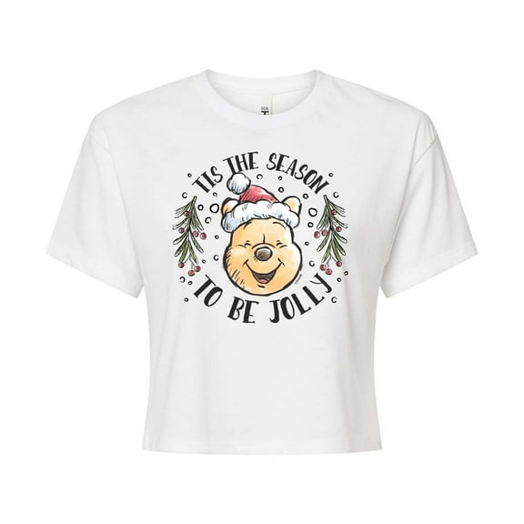 Disney Winnie The Pooh - Tis The Season To Be Jolly Christmas - Juniors Cropped Cotton Blend T-Shirt