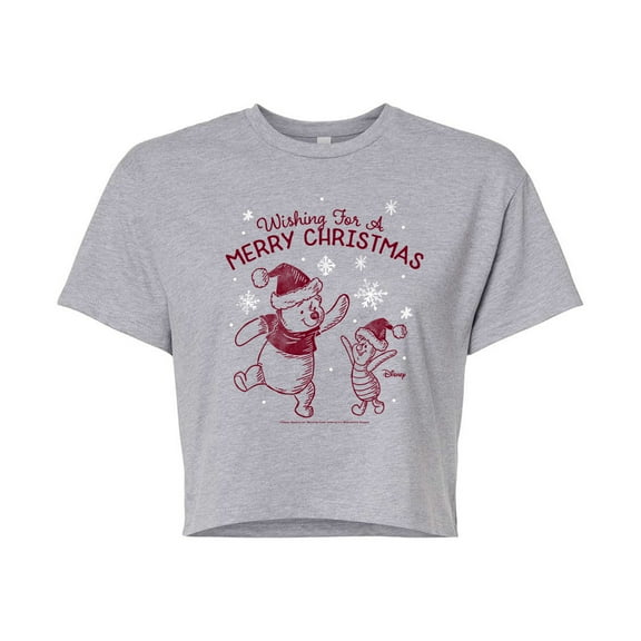 Disney Winnie The Pooh - Wishing For A Merry Christmas - Juniors Cropped Cotton Blend T-Shirt