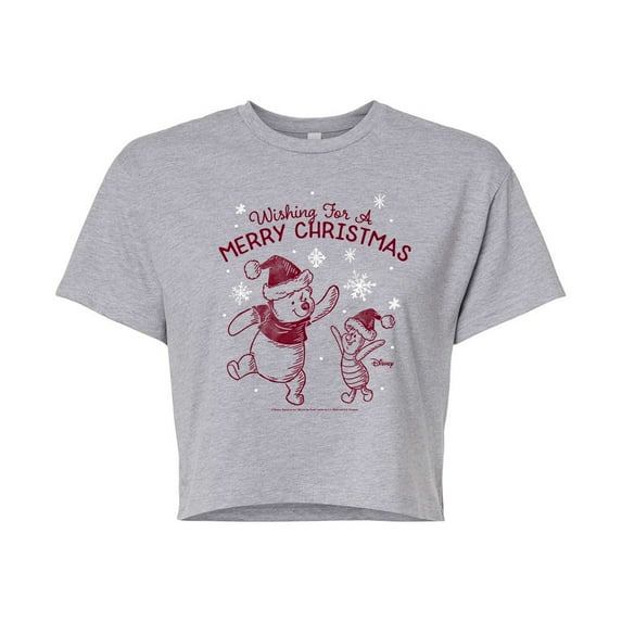 Disney Winnie The Pooh - Wishing For A Merry Christmas - Juniors Cropped Cotton Blend T-Shirt