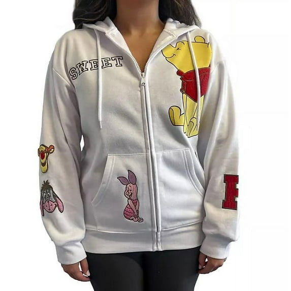 Disney Winnie The Pooh Women's Soft Full Zip Long Sleeve Hoodie (White, XL)