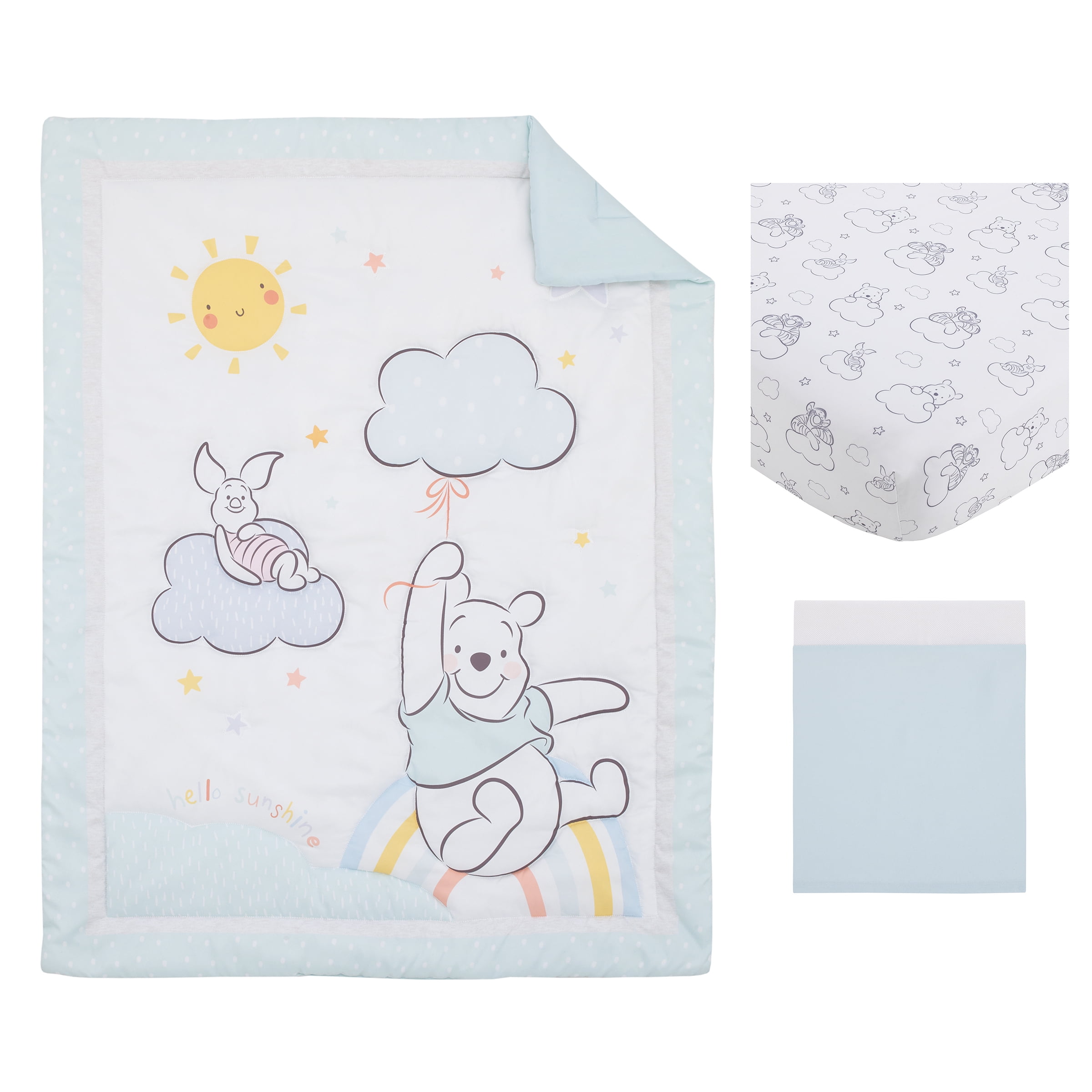 Disney Winnie the Pooh 3Piece Crib Bedding Set, Light Blue, Hello
