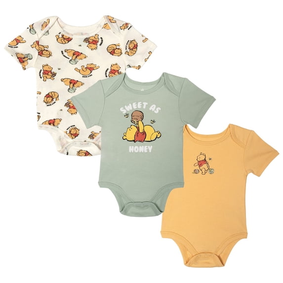 Disney Winnie the Pooh Baby Boy or Girl 3-Pack Short Sleeve Bodysuits Green Yellow