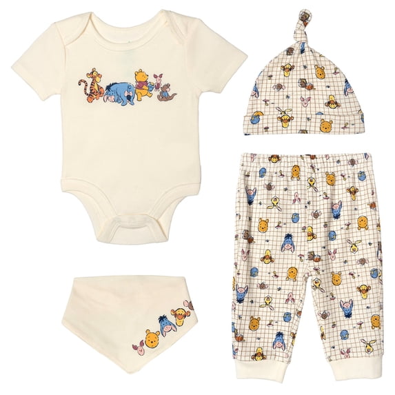 Disney Winnie the Pooh Baby Boy or Girl 4-Piece Bodysuit Pants Bib and Hat Set Tusk