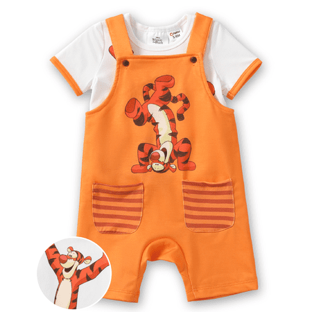 Disney Winnie the Pooh Baby Boys Girls 2 Pcs Graphic Tee with Striped Overall Sets Newborn to Infant