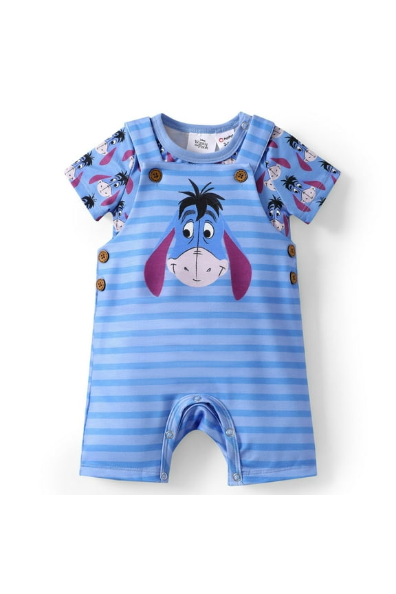 Winnie the Pooh Baby Boys Girls 2 Pcs Graphic Tee with Striped Overall Sets Newborn to Infant
