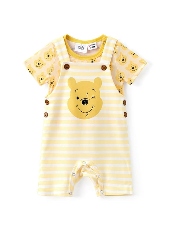 Winnie the Pooh Baby Boys Girls 2 Pcs Graphic Tee with Striped Overall Sets Newborn to Infant