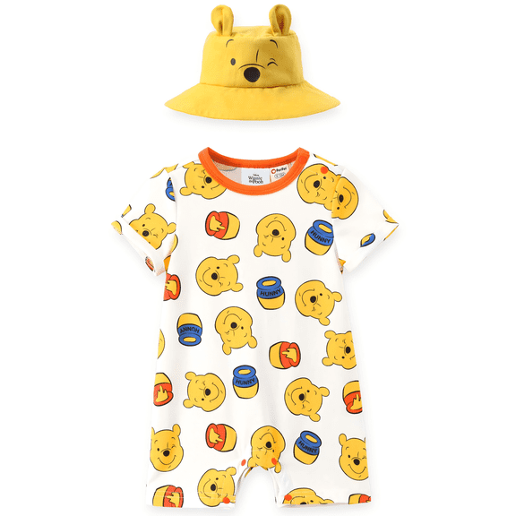 Disney Winnie the Pooh Baby Boys Girls Graphic Short Sleeve Romper and Sun Bucket Hat Shower Gifts Set