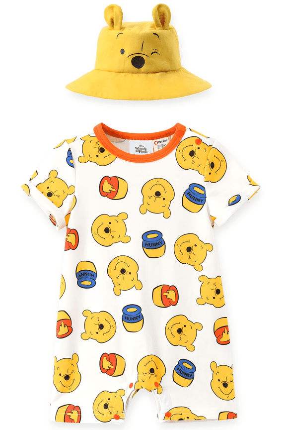Winnie the Pooh Baby Boys Girls Graphic Short Sleeve Romper and Sun Bucket Hat Shower Gifts Set