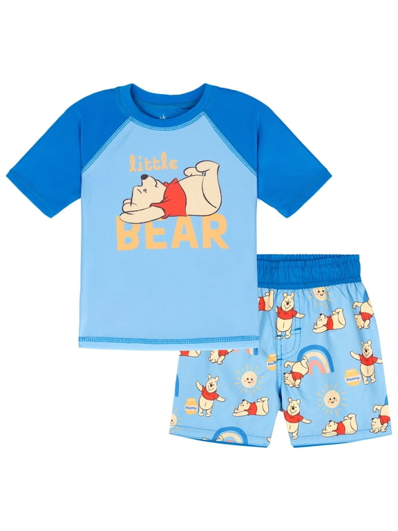 Winnie the Pooh Baby Boys' Swimwear 2-Piece Rash Guard and Swim Trunks Set Navy Blue