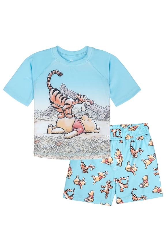 Winnie the Pooh Baby Boys' Swimwear 2-Piece Rash Guard and Swim Trunks Set Soft Blue Tigger