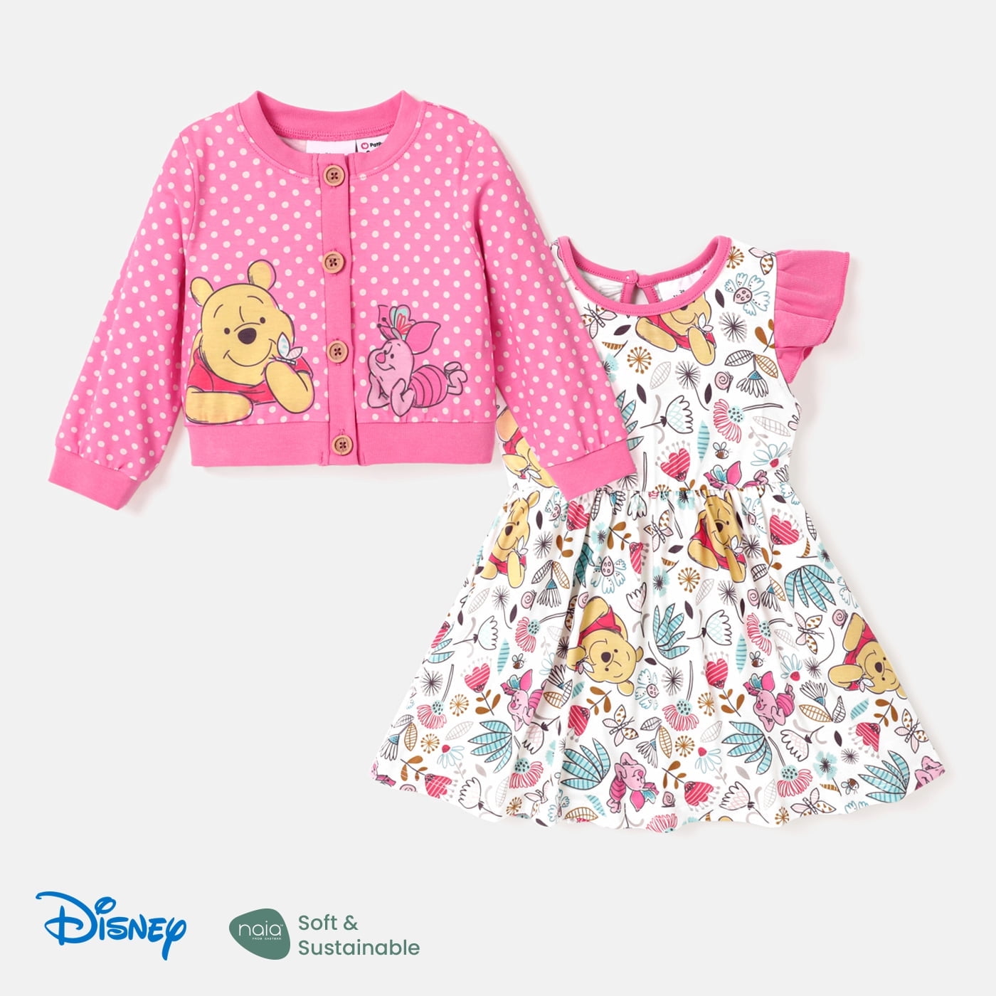 Disney Winnie the Pooh Baby Girls Allover Print Dress and knitwear cardigan Outfit Set Sizes 3-24M