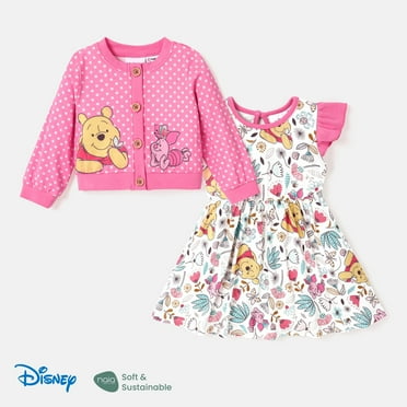 Disney Winnie the Pooh Baby Girls Allover Print Dress and knitwear cardigan Outfit Set Sizes 3-24M