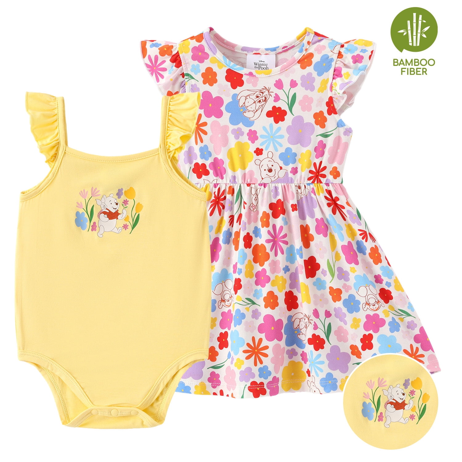 Disney Winnie the Pooh Baby Girls Clothes Bamboo Viscose Floral Dress and Graphic Bodysuit 2 Pack Outfit Shower Gift Infant 9-12 Months