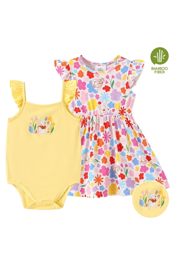 Winnie the Pooh Baby Girls Clothes Bamboo Viscose Floral Dress and Graphic Bodysuit 2 Pack Outfit Shower Gift Infant 9-12 Months