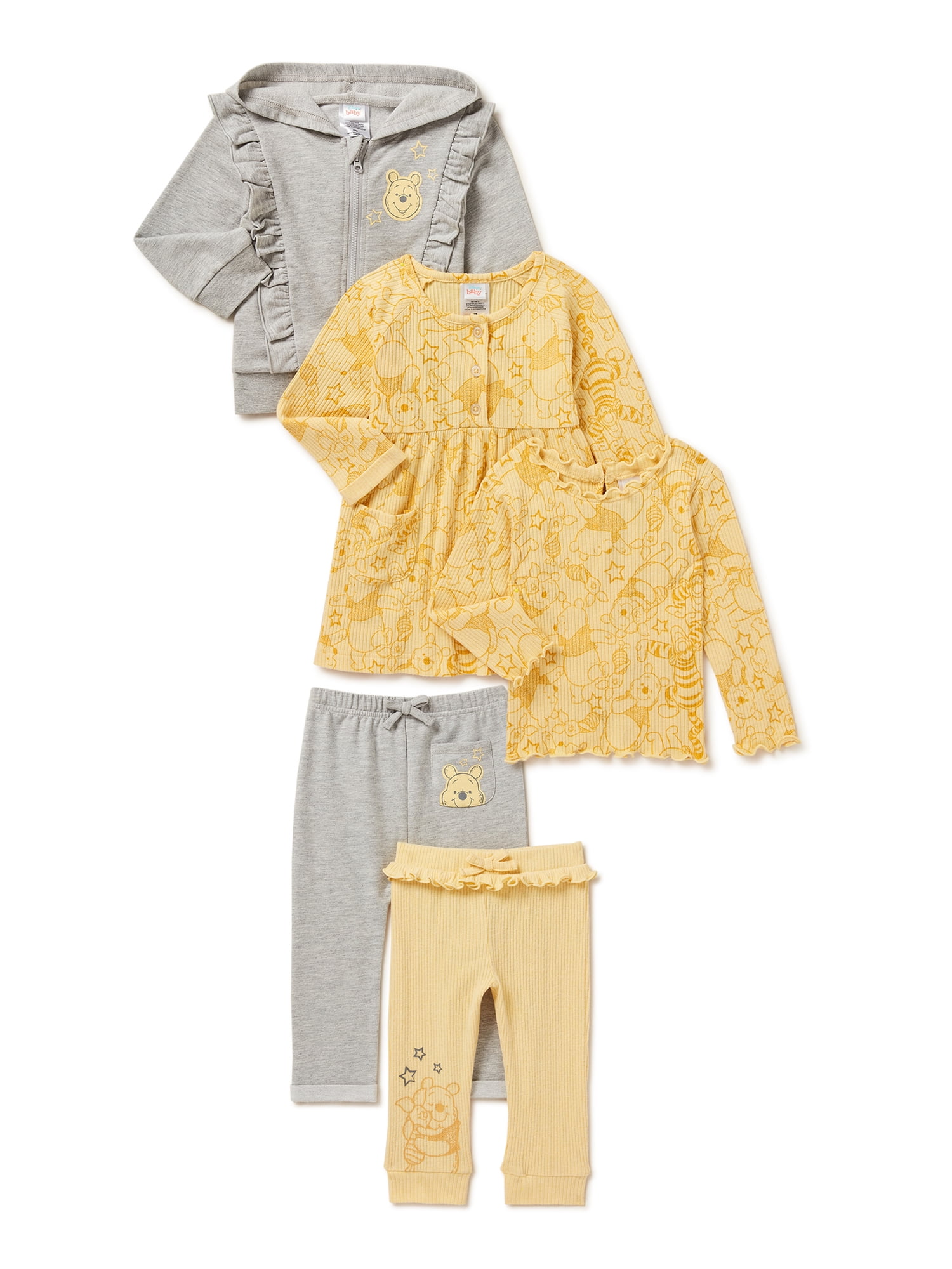 Disney Winnie the Pooh Baby Girls Hoodie, Dress, Top and Pants, 5-Piece Mix and Match Outfit Set, Sizes 0/3-24 Months