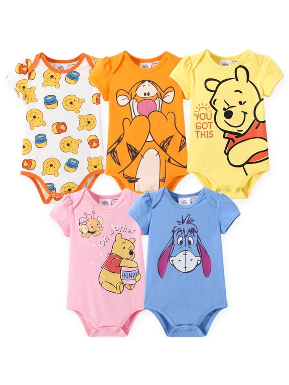 Winnie the Pooh Baby Short Sleeve Bodysuits 5 Pack Graphic Boys Shower Gifts Sets