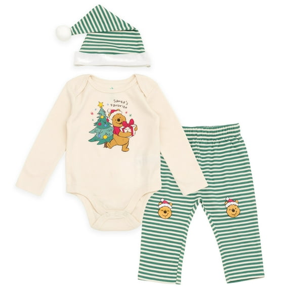 Disney Winnie the Pooh Christmas Bodysuit, Pants and Velour Hat 3 Piece Outfit Set Newborn to Infant